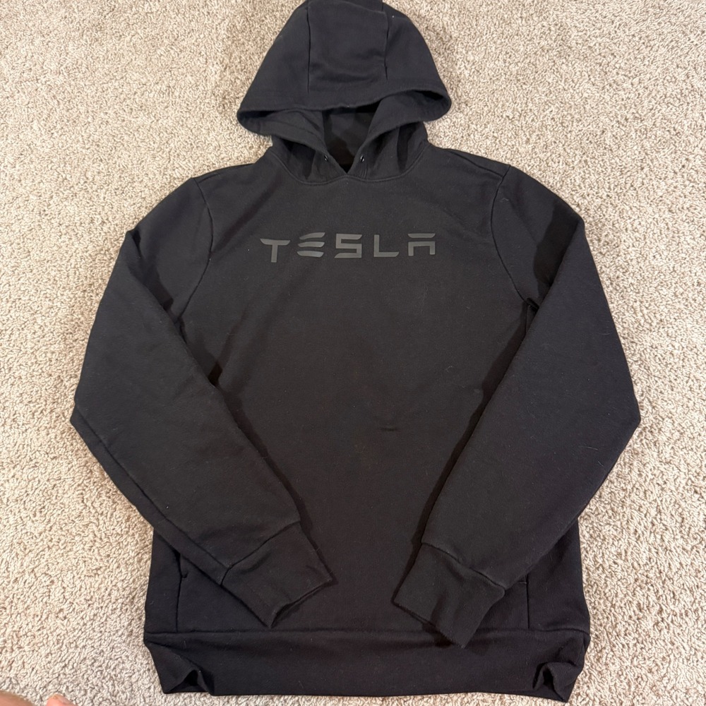 Tesla Hoodie Mens Small Black Excellent Pullover Matte Logo Tech Fleece